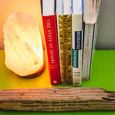 view from above of books and salt lamp