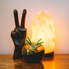 statue of hand in peace sign next to salt lamp